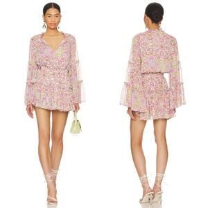 NEW Misa Los Angeles Leeva Floral Smocked Waist Long Sleeve Pink Mini Dress